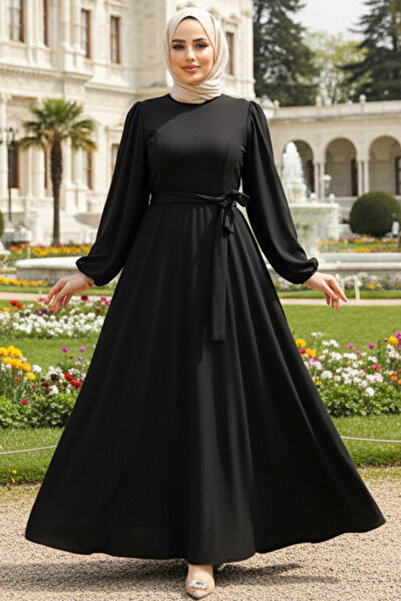 Neva Style Kemerli Siyah Tesettür Elbise 23101S