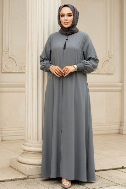 N.S NEVA STYLE Zippered Gray Hijab Abaya 26302Gr