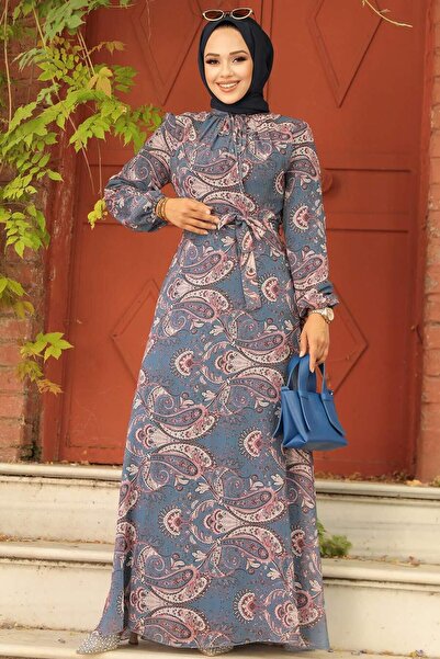 Neva Style Rochie Hijab cu model floral albastru indigo 279081IM