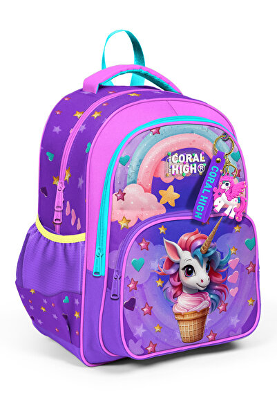 Coral High Mor Pembe Unicorn Dondurma Desenli Üç Bölmeli Okul Sırt Çantası 14421