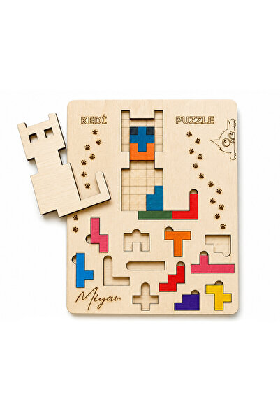muentoys Kedi Figürlü Ahşap Tetris Puzzle | Montessori Eğitici Zeka Oyunu | E...
