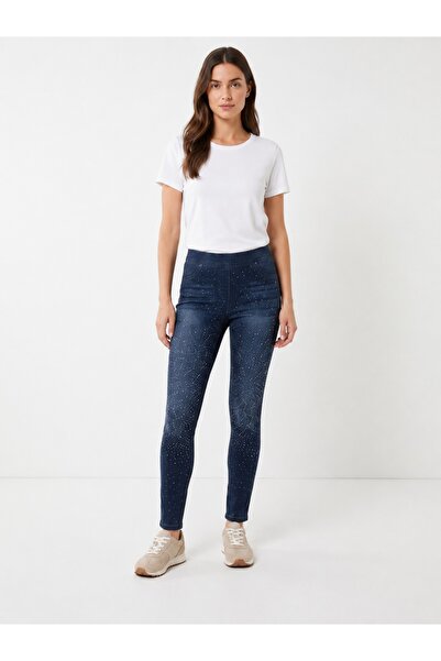 yunik Denim Taşlı Tayt Yüksek Bel Esnek Kumaş Toparlayıcı Jean Görünümlü Kadı...