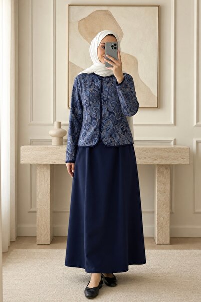 İmajButik Navy Blue Ethnic Patterned Jacket and Skirt Set