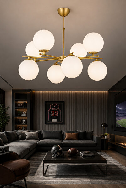 ESSLİGHT Elsar 8’li Eskitme Beyaz Camlı Modern Salon Mutfak Yatak Odası Avizesi