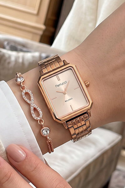 Ferrucci Bileklik Hediyeli Rose Gold Kadın Kol Saati 26 mm Dikdörtgen Kasa Çe...