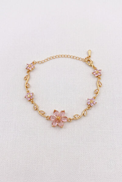 özgül takı ve tasarım Pembe Lotus Çiçeği Model Zirkon Taşlı Gold Renk Paslanm...