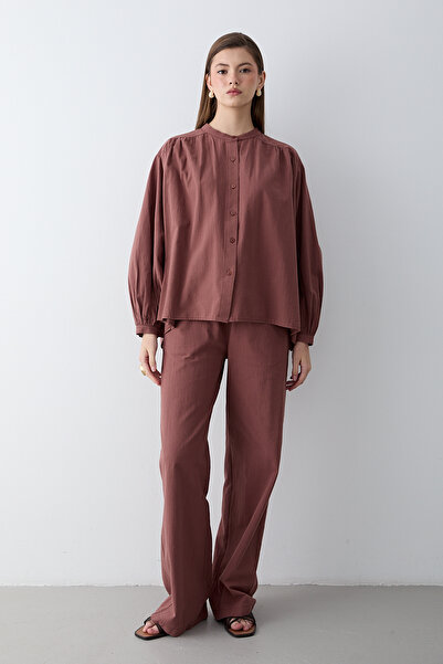 JASTE Women's Tile Print High Collar Gathered Shirt & Wide Leg Pants Set