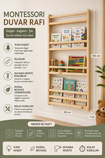 decoraid Montessori kitaplık Montessori çocuk odası kitaplığı ahşap doğal kit...