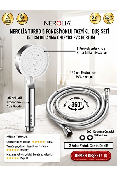 NEROLIA Power - Yağmur Duş Başlığı ve Hortumu Seti - PVC Banyo Hortumu