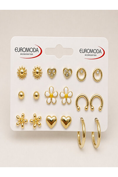 EUROMODA Papatya Kalp Güneş Detaylı 9'lu Gold Renk Küpe Seti