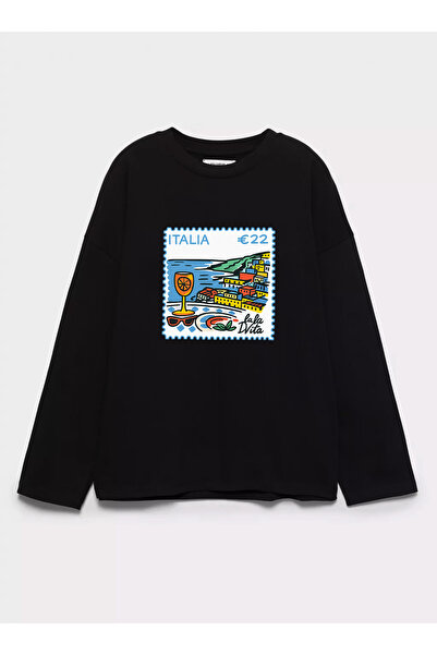 Disante 100% Cotton Oversize Fit Italy Printed - Crew Neck Long Sleeve T-Shirt