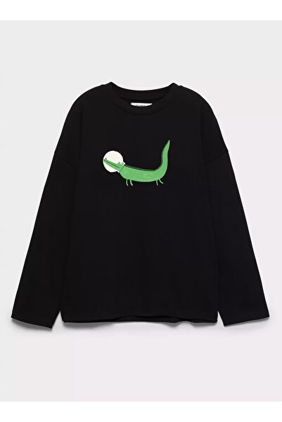 Disante %100 Pamuk Oversize Fit timsah Baskılı - Bisiklet Yaka Uzun Kollu T-s...
