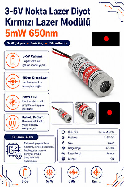 RobotikDepo 3-5V Nokta Lazer Diyot 5mW 650nm – Kırmızı Lazer Modülü