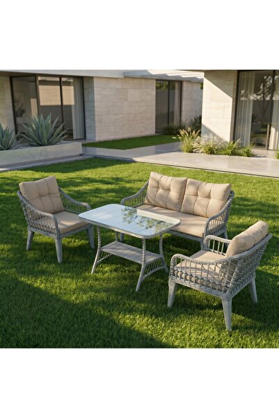 Tu Tienda KAŞ ALÜMİNYUM 2+1+1+SEHPA BAHÇE BALKON MOBİLYASI,GRİ RATTAN/BEJ KUMAŞ
