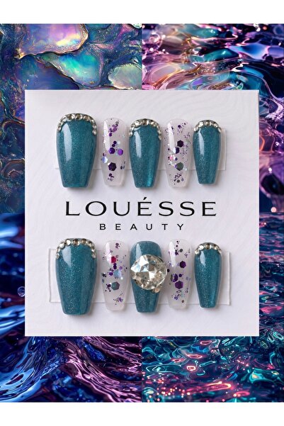 Louesse Beauty LOUÉSSE BEAUTY El Yapımı Takma Tırnak Turkuaz Simli Taşlı Hazı...