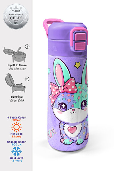 Coral High Kids Milka Su Yeşili Tavşan Desenli Pipetli ve Direkt İçim Çelik T...