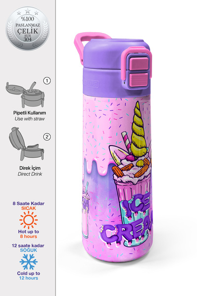Coral High Kids Pembe Milkshake Dondurma Desenli Pipetli ve Direkt İçim Çelik...