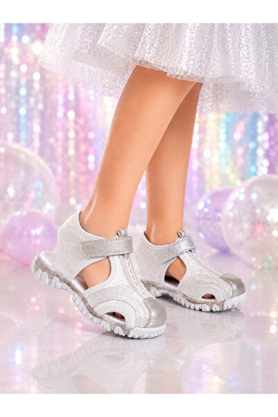 ZACOZ Girl's Glittery Velcro Closed-Toe Summer Sandals Silver