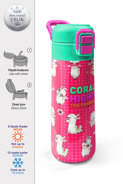 Coral High Kids Neon Mercan SuYeşili Alpaka Desenli Pipetli ve Direkt İçim Çe...