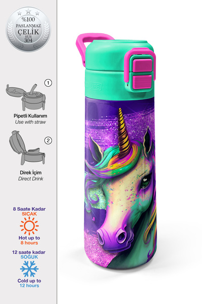 Coral High Kids Pembe Su Yeşili Unicorn Desenli Pipetli ve Direkt İçim Çelik ...