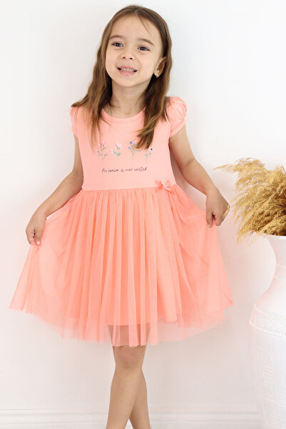 Breeze Girl's Dress Flower Printed Tulle Bow Detail 1.5-5 Years Old, Salmon