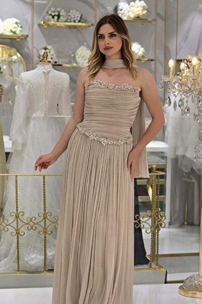 Yonca Moda Evi Ekru Çiçekli Taşlı Abiye 2751