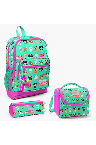 Coral High Kids Su Yeşili Neon Pembe Köpek Desenli 3’lü Okul Çanta Seti SET01...