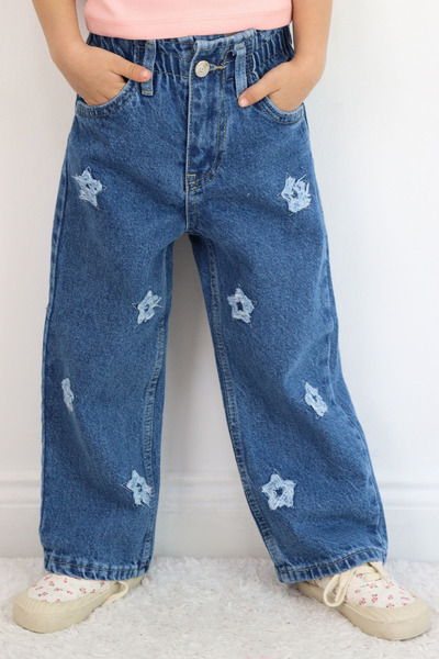 Breeze Kız Çocuk Jean Pantolon Yıldız Nakışlı Beli Lastikli Düğmeli 1.5-5 Yaş...