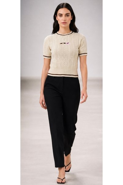 Pollena Women's Knitwear Short-Sleeved Knitted Cat Embroidery Hn1472