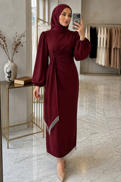 N.S NEVA STYLE Balon Kol Bordo Tesettür Abiye Elbise 62251BR