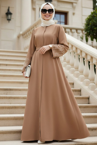 N.S NEVA STYLE Kolları Taş İşlemeli Camel Tesettür Abaya Elbise 60041C