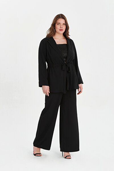EVEN plus size Siyah Krep Ceket Pantolon Büyük Beden Abiye Takım