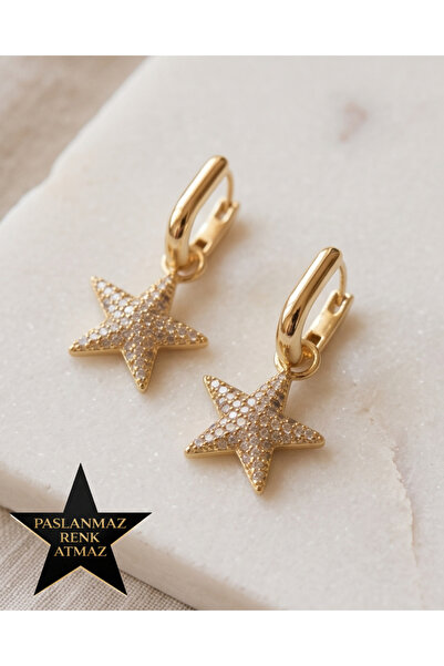 XUPING JEWELRY Xuping 14K Altın Renginde Zirkon Taşlı Oval Halkalı Yıldız Kar...