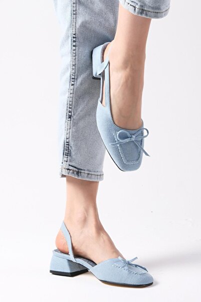 Mio Gusto Bria Blue Color Denim Fabric Open Back Women's Short Heeled Jeans S...