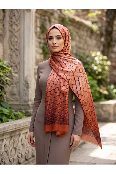 Vissona %100 Saf İpek Şal İnce Saten Vual Dokuma Petek Desenli Taba - Somon R...