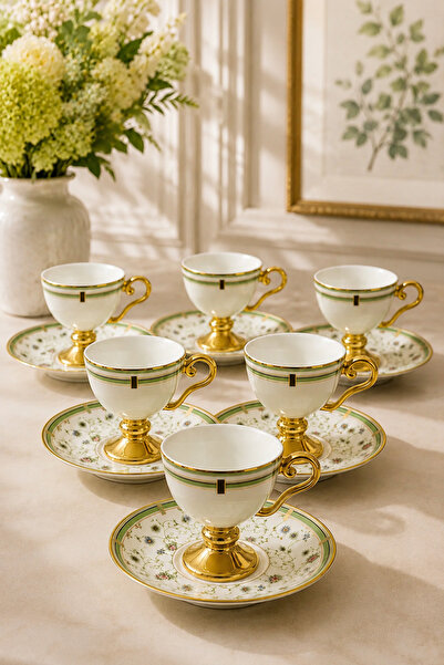YzHome Acar 6-Person Luxury Porcelain Footed Gold Gilded Patterned Coffee Cup...
