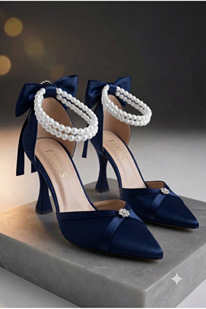 Famels Navy Blue Satin, Heeled Shoes with White Pearls and B.T. Stones, Eveni...