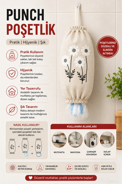 SEVMİŞ HOME Poşetlik Punch Nakışlı Keten Askılı Mutfak Poşet Düzenleyici Orga...