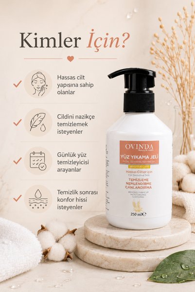 Ovinda Face Washing Gel for Sensitive Skin, Moisturizing Facial Cleansing Gel with Vitamin E, Wheat Oil and Allantoin 250 ml