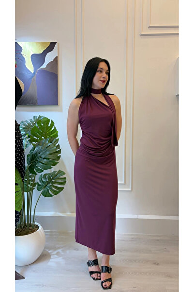 SHIN Butik SHIN Mürdüm Degaje Yaka Drapeli Midi Elbise