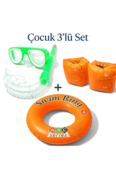 Mustran Çocuk 3'lü Deniz ve Havuz Yüzme Seti Maske Şnorkel - Çift Odalı Kollu...