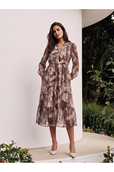 ONLOOX Beige Chiffon Fabric V-Neck Long Sleeve Elastic Waist Button Detail Li...