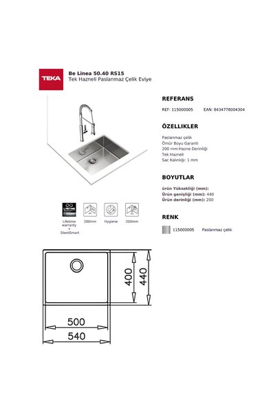 Teka Be Linea RS515 50.40 Tezgâh Altı Paslanmaz Çelik Eviye 115000005