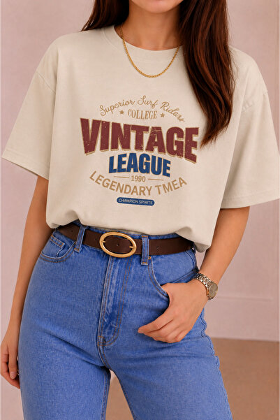 SANTAMİLA Μπεζ Vintage εμπριμέ μπλουζάκι Oversize
