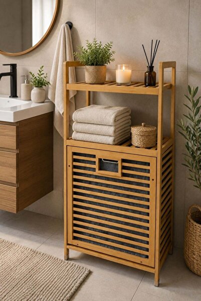 Onedekor Bambu Kirli Çamaşır Sepeti Raflı