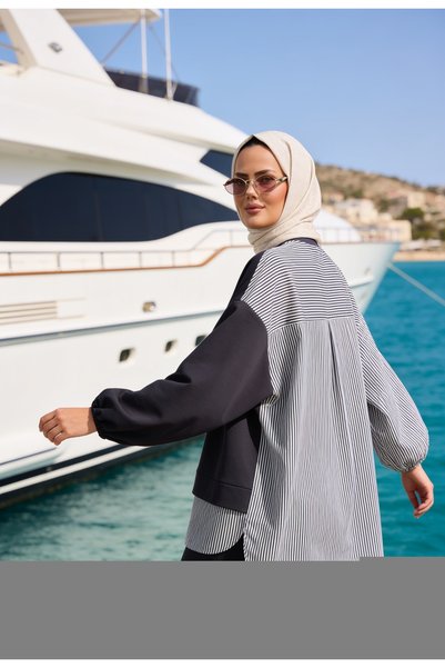 ASEL FASHİON Set Hijab pentru damă Line Double Set Cămașă Gri închis