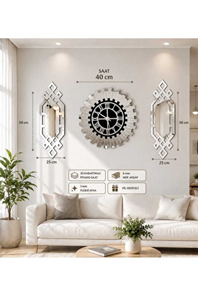 EYKA STORE Gümüş Renk Plexiglass Ayna Piyano Model Duvar Saati, Tablo 3 Parça...