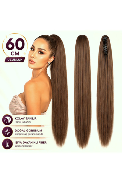 NeednStore Kadın Kahverengi 60 cm Düz Tokalı At Kuyruğu Serisi Postiş - 1. Ka...