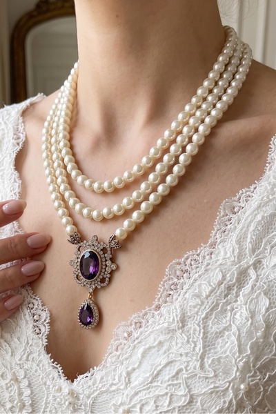 FAYRA ACCESSORIES Ametist Taşlı İnci Kolye
