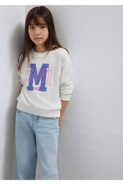 Mavi M Logo Baskılı Ekru Sweatshirt 7S10118-70057